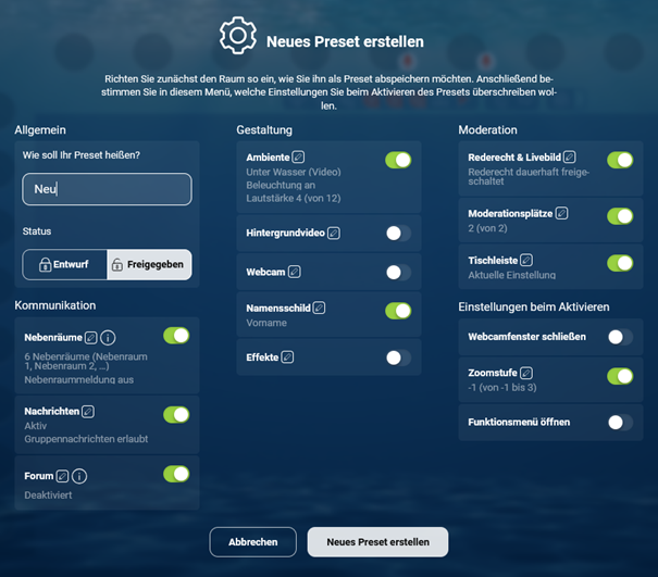 Screenshot des Preset-Editors mit den Bereichen Allgemein, Kommunikation, Gestaltung und Moderation und den jeweiligen Optionen.