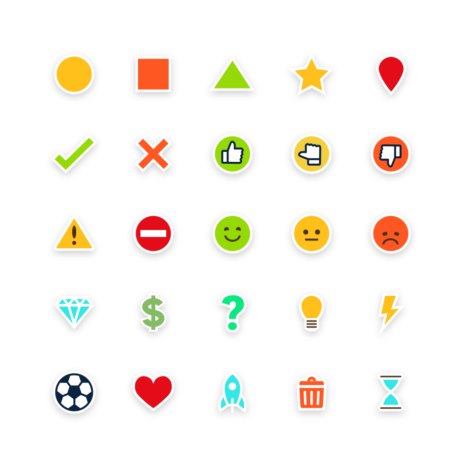 Alle verfügbaren Klebepunkte im Quadrat angeordnet. Darin befinden sich geometrische Formen, Smileys sowie weitere Symbole wie z.B. Fragezeichen, Glühbirne, Herz und Rakete.