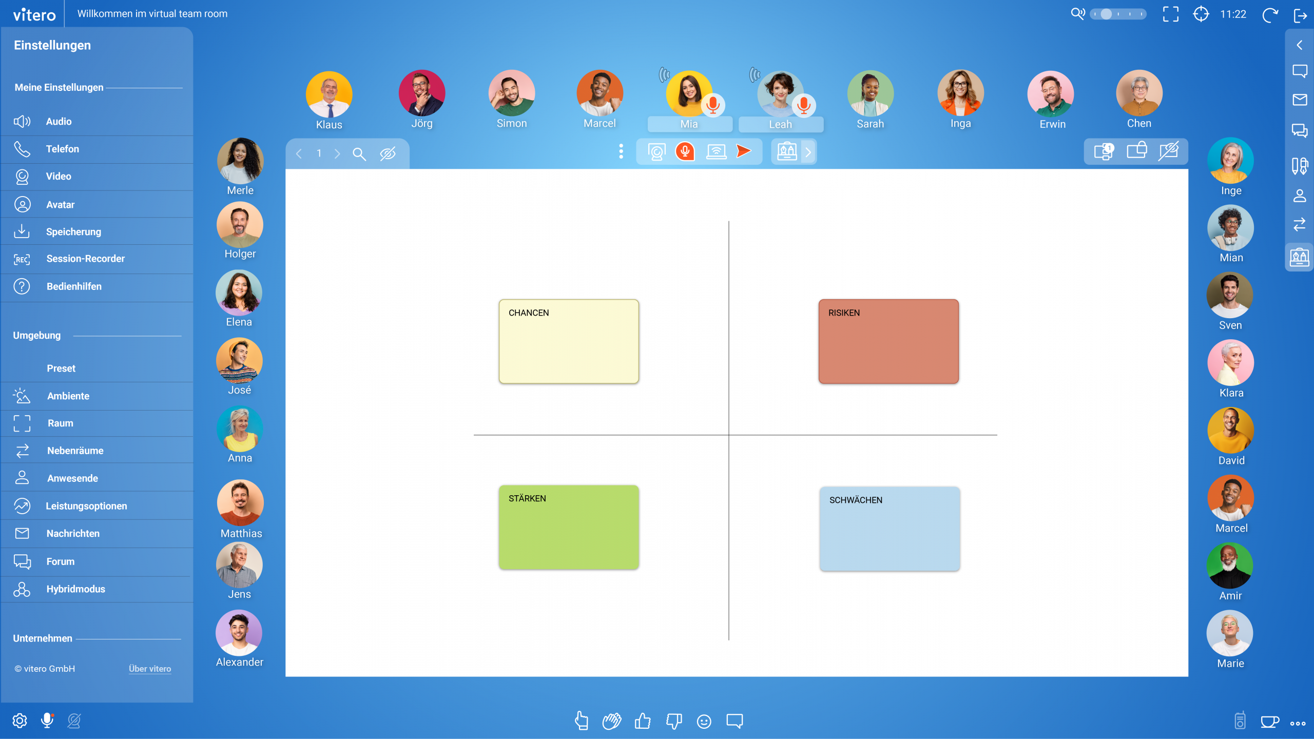 Screenshot des vitero Raumes, links ist das Menü Einstellungen geöffnet.