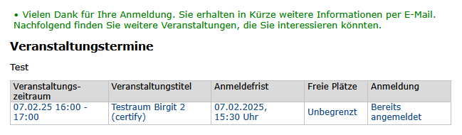 Screenshot der öffentlichen Veranstaltungsliste